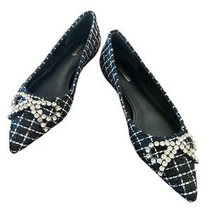 Larroude Lee Pointed Toe Slip On Tweed Flats Rinestone Bow Embellished SZ 7